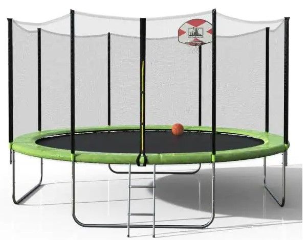 Photo 1 of 14 ft. Round Trampoline with Safety Enclosure Basketball Hoop and Ladder
