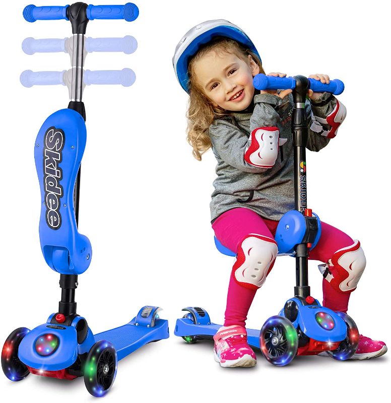 Photo 1 of Kick Scooters for Kids Ages 3-5 (Suitable for 2-12 Year Old) Adjustable Height Foldable Scooter Removable Seat, 3 LED Light Wheels, Rear Brake, Wide Standing Board, Outdoor Activities for Boys/Girls
