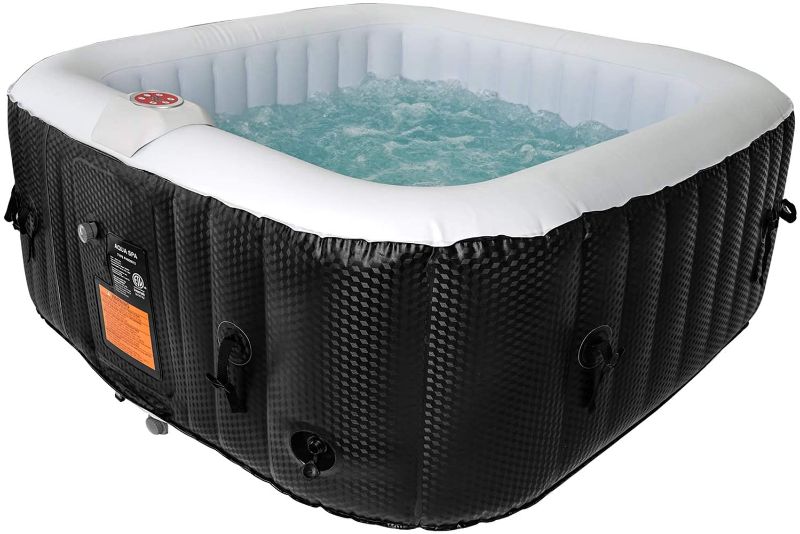 Photo 1 of #WEJOY AquaSpa Portable Hot Tub 61X61X26 Inch Air Jet Spa 2-3 Person Inflatable Square Outdoor Heated Hot Tub Spa with 120 Bubble Jets, BLACK/WHITE-2-3person