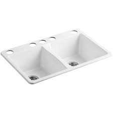 Photo 1 of   Deerfield Undermount Cast Iron 33 in. 5-Hole Double Bowl Kitchen Sink in White(coating lifting)