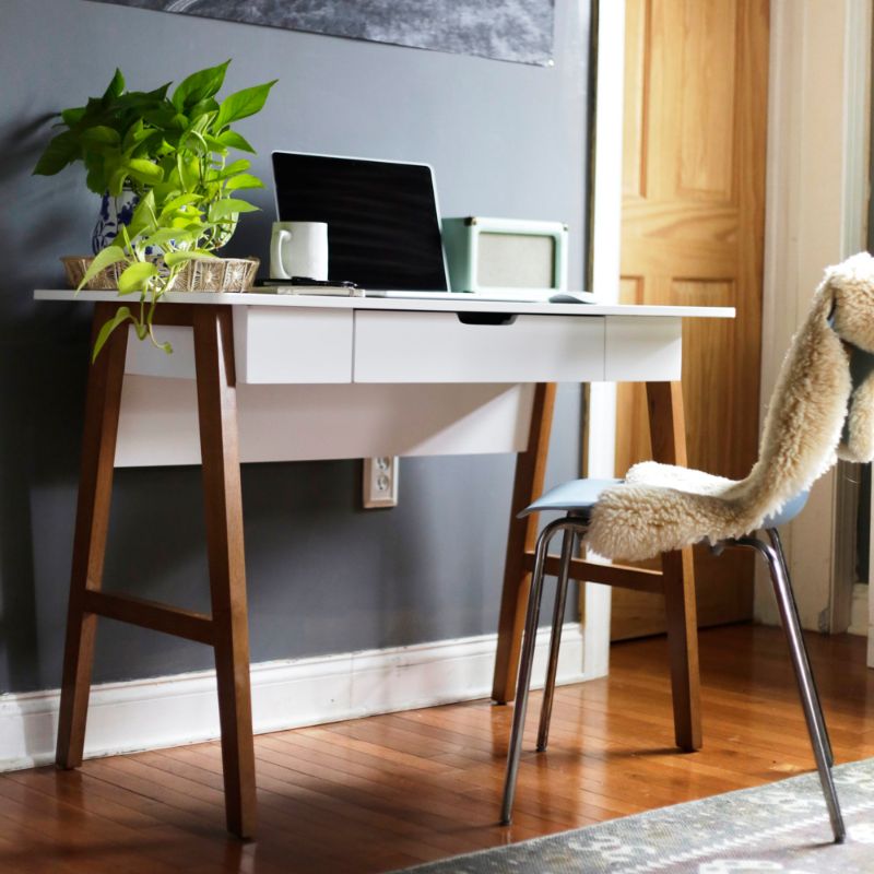 Photo 1 of Nathan James Telos Home Office Computer Desk with Drawer White Modern Finish and Light Wood Legs
