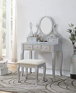 Photo 1 of (CRACKED MIRROR)
Roundhill Furniture Ashley Silver Wood Makeup Vanity Table and Stool Set, Sliver