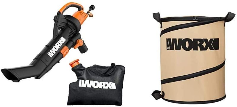 Photo 1 of *MISSING waste bag*
WORX WG509 TRIVAC 12 Amp 3-in-1 Electric Blower/Mulcher/Vacuum with Multi-Stage All Metal Mulching System, Black & WA0030 Landscaping 26-Gallon Collapsible Yard Waste Bag/Leaf Bin, Tan
