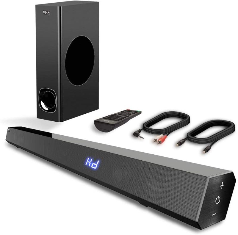 Photo 1 of *previously opened, possibly USED*
VMAI 120W 2.1 Soundbar, Wired & Wireless Bluetooth 5.0 Speaker for TV, 34 Inch, HDMI/Optical/Aux/USB, Wall Mountable, Bass Adjustable Surround Sound for Home Theater
