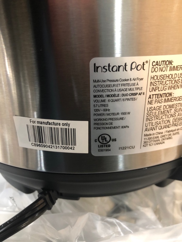 Photo 6 of *SEE last pictures for damage*
Instant Pot Duo Crisp 11-in-1 Electric Pressure Cooker with Air Fryer Lid, 6 Quart Stainless Steel/Black
