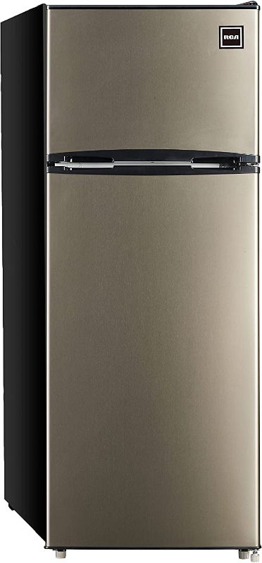 Photo 1 of *SEE last picture for damage*
RCA RFR725 EFR749 2 Door Apartment Size Refrigerator with Freezer, 7.5 cu. ft, Platinum, Stainless
