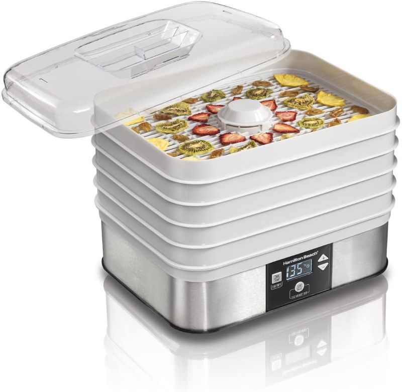 Photo 1 of *USED*
*SEE last picture for damage*
Hamilton Beach 32100A Digital Food Dehydrator, 5 Tray, Gray, 10.5 x 13 x 11 inches

