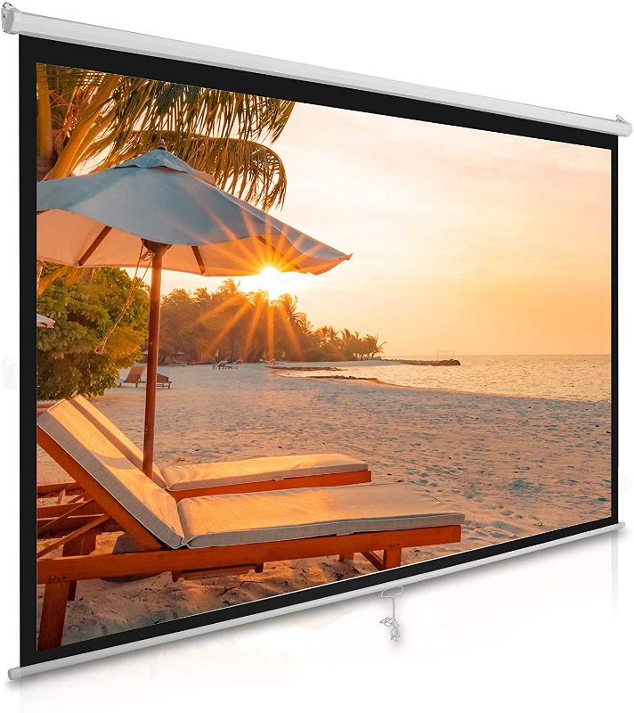 Photo 1 of Manual Pull Down Projector Screen - Universal 100-inch Roll-Down Pull-Down Retractable Manual Projection Screen w/ Auto-Locking, Adjustable Screen Height, Black Masking Border - PyleHome PRJSM1006
