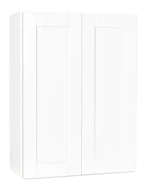 Photo 1 of (DAMAGED DOOR CORNER)
Hampton Bay Shaker Satin White Stock Assembled Wall Kitchen Cabinet (27 in. x 36 in. x 12 in.)