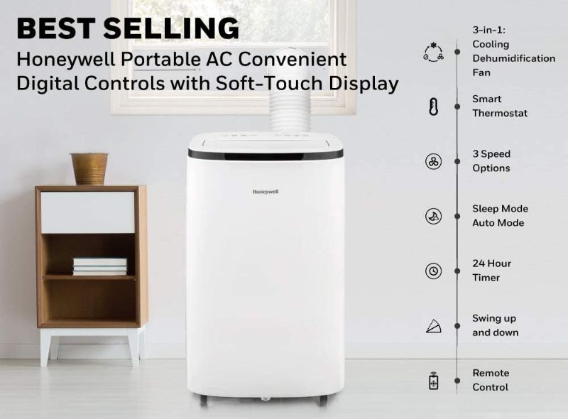 Photo 1 of (NON-FUNCTIONAL EXHAUST; MISSING ALL ATTACHMENTS/REMOTE)
Honeywell 15,000 BTU Portable Air Conditioner with Dehumidifier & Fan Cools Rooms Up To 775 Sq. Ft. with Remote Control, HJ5CESWK0, White/Black
