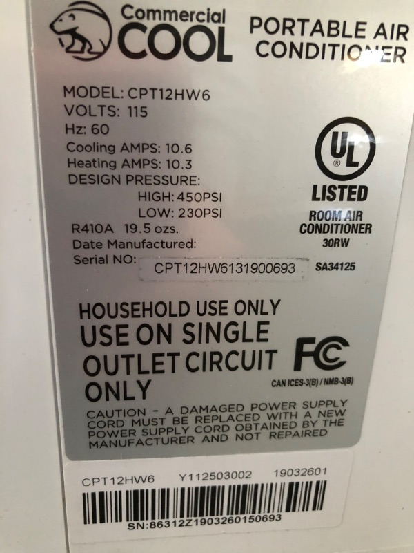 Photo 3 of (NON-FUNCTIONAL EXHAUST; INCOMPLETE SET OF ATTACHMENTS) 
Commercial Cool 6,000 BTU DOE (12,000 BTU ASHRAE) Portable Air Conditioner with Remote Control, White
