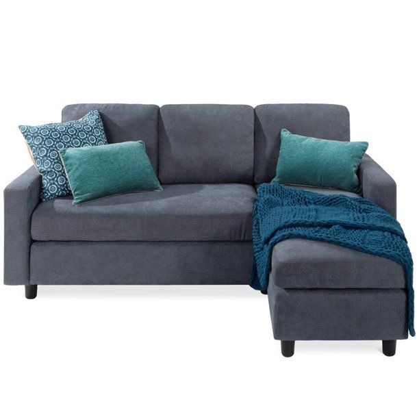 Photo 1 of  BOX 2 OF 2 Best Choice Products Linen Sectional Sofa Couch w/ Chaise Lounge, 3-Seat Design, Reversible Ottoman Bench - Blue/Gray
