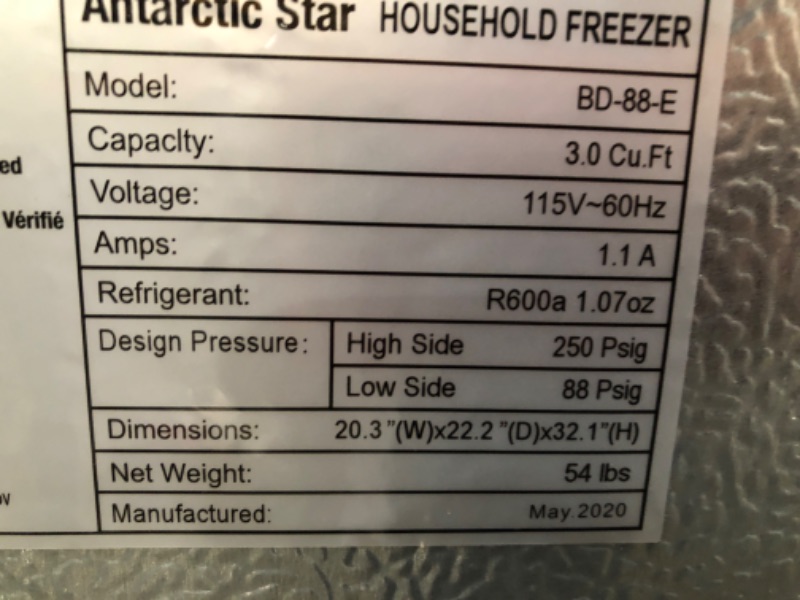 Photo 1 of ANTARTIC STAR HOUSEHOLD FREEZER 3.0 CU.FT  BD-88-E