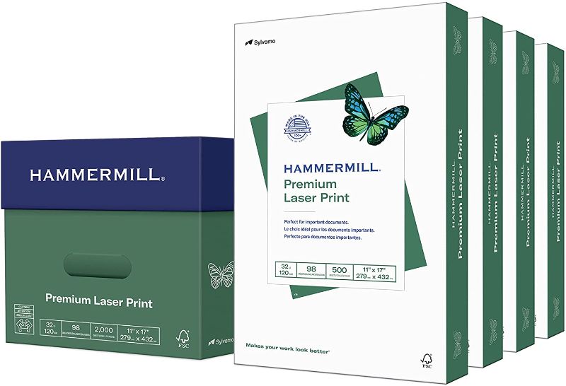 Photo 1 of Hammermill Printer Paper, Premium Laser Print 32 lb, 11 x 17 - 4 Ream (2,000 Sheets) - 98 Bright, Made in the USA, 104653C
