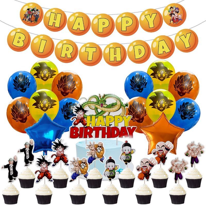 Photo 1 of 2-pack : Dragon Ball Z Birthday Party Supplies, Party Set Include Happy Birthday Banner - Cake & Cupcake Toppers - 2Pcs aluminum balloons - 18 Latex Balloons for Children Dragon Ball Z Theme Birthday Decoration.
