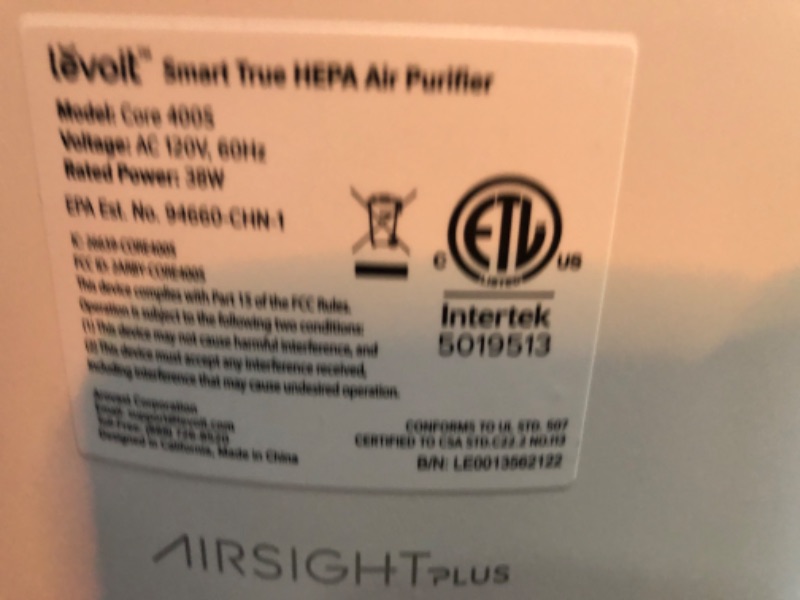 Photo 4 of TESTED TURNS ON*
LEVOIT Air Purifiers for Home Large Room, Smart WiFi and PM2.5 Monitor H13 True HEPA Filter Removes Up to 99.97% of Particles, Pet Allergies, Smoke, Dust, Auto Mode, Alexa Control, 1005 sq.ft, White
