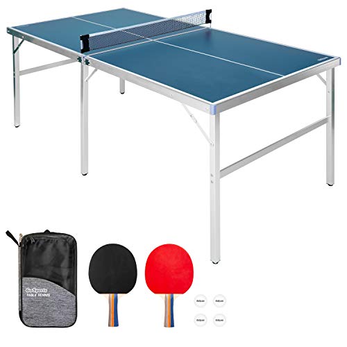 View 1 of GoSports 6’x3’ Mid-Size Table Tennis Game Set - Indoor/Outdoor Portable Table Tennis Game with Net, 2 Table Tennis Paddles and 4 Balls, Blue (PP-T