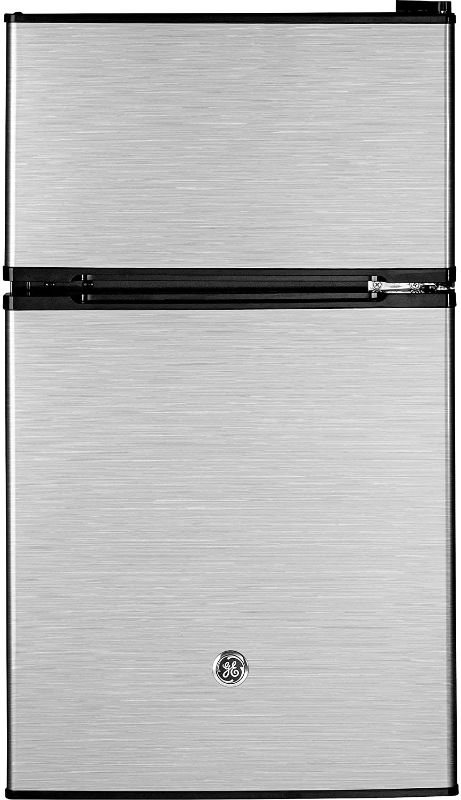 Photo 1 of GE Mini Fridge With Freezer | 3.1 Cubic Ft. | Double-Door Design With Glass Shelves, Crisper Drawer & Spacious Freezer | Small Refrigerator Perfect for the Garage, Dorm Room, or Bedroom | Clean Steel
