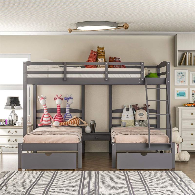 Photo 1 of ***PARTS ONLY **  INCOMPLETE, BOX 3 OF 3 ONLY*** Full Over Twin & Twin Bunk Bed, Wood Triple Bunk Bed for 4 People, Space-Saving Design (Gray with Drawers)
