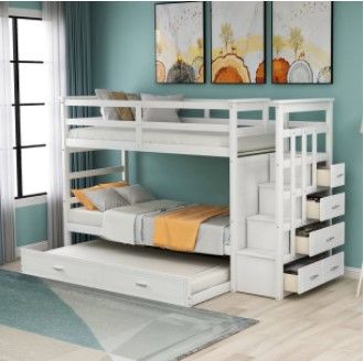 Photo 1 of ***BOX 3 OF 3 ONLY*** Solid Wood Bunk Bed For Kids, Hardwood Twin Over Twin Bunk Bed With Trundle And Staircase, Natural Gray Finish