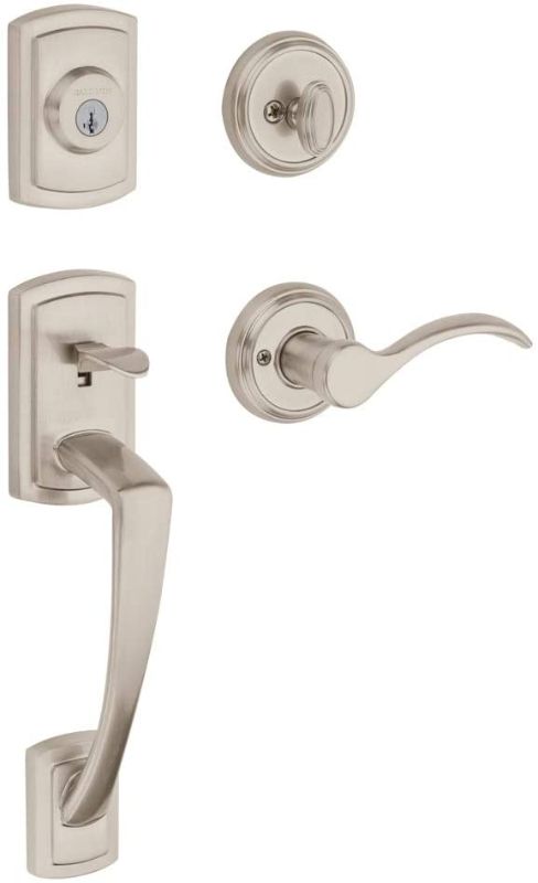 Photo 1 of Baldwin Nautica Single Cylinder Front Door Handleset Featuring SmartKey Security in Satin Nickel, Prestige Series with Traditional Door Hardware and Tobin Lever