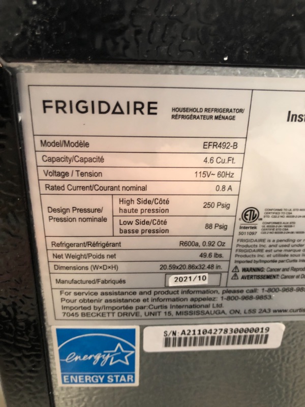 Photo 3 of Frigidaire EFR492, 4.6 cu ft Refrigerator, Stainless Steel Door, Platinum Series
damage to door hinge
scratched
bent metal