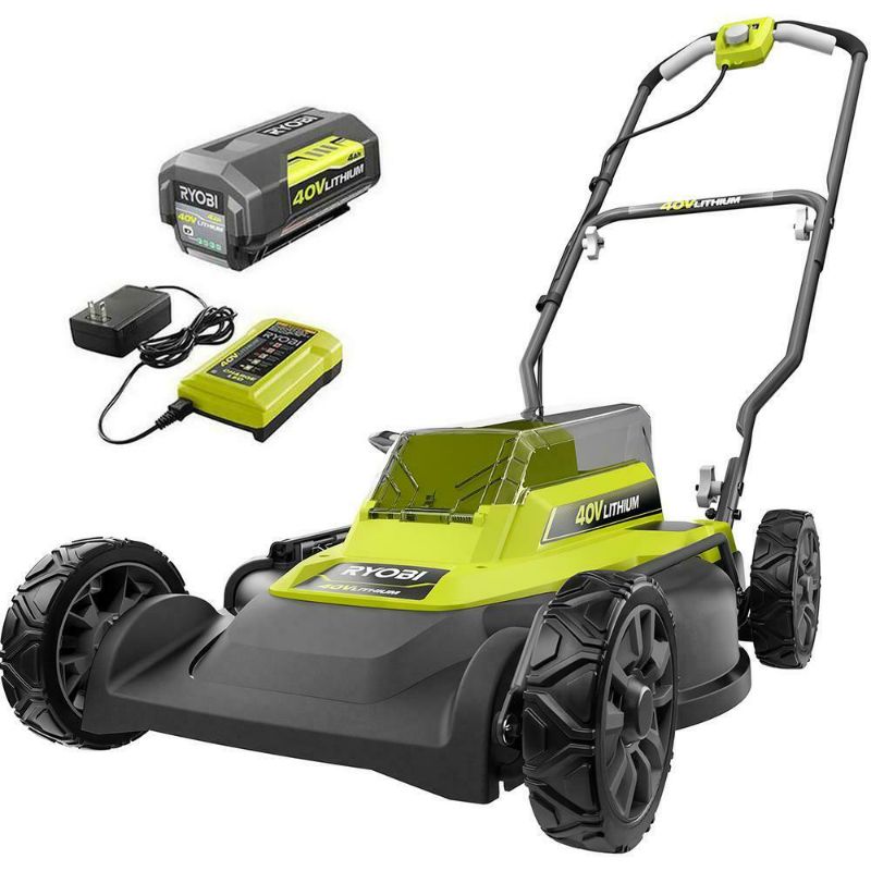 Photo 1 of RYOBI Push Lawn Mower Walk Behind 40V 18 in 2-in-1 Cordless Battery Charger
