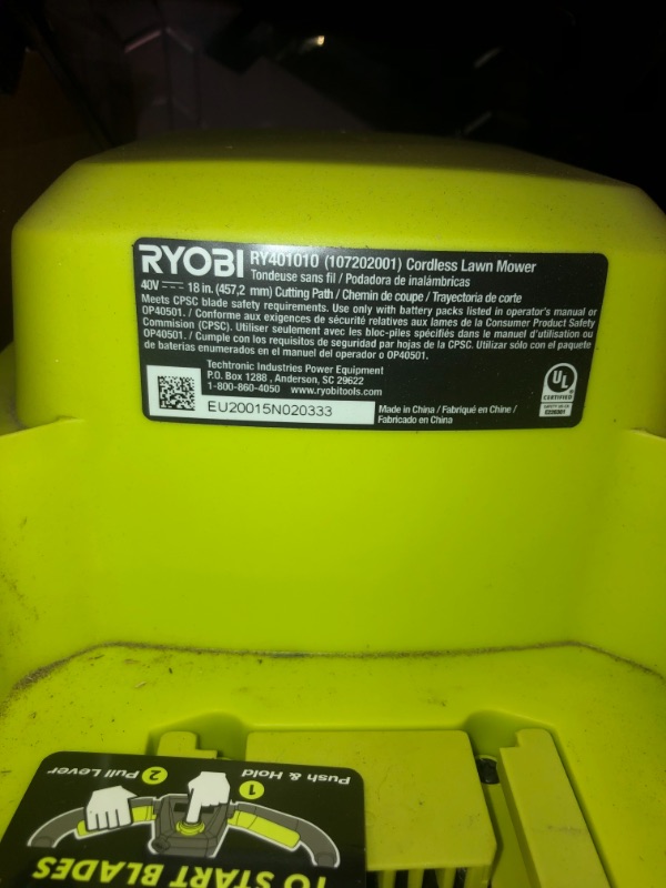 Photo 2 of RYOBI Push Lawn Mower Walk Behind 40V 18 in 2-in-1 Cordless Battery Charger
