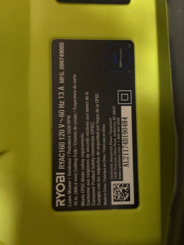 Photo 1 of RYOBI 16 in. 13 Amp Corded Electric Walk Behind Push Mower