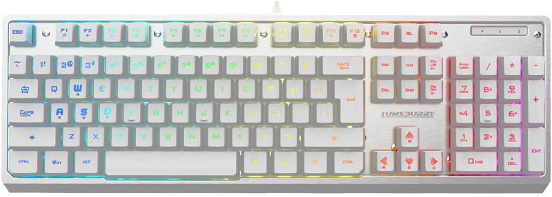 Photo 1 of White Gaming Keyboard, Rainbow LED Backlit,19 Anti-ghosting Keys, USB Wired, Metal Panel, Ergonomic 104 Keys, Multimedia Control, Water-Resistant, Full Size, for Windows PC Mac Office Gamer
