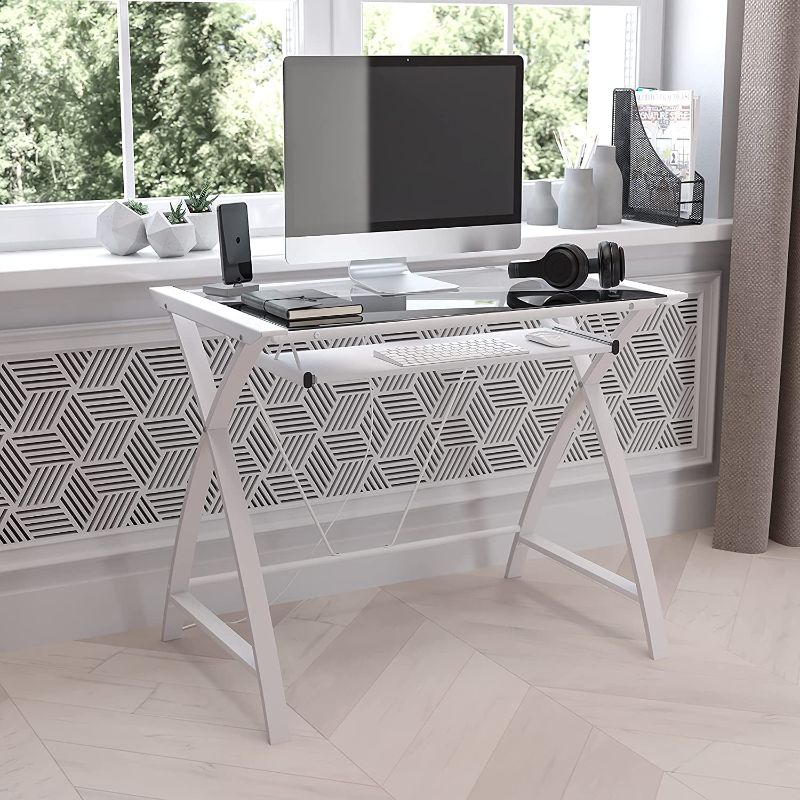 Photo 1 of Flash Furniture Clear Tempered Glass Computer Desk with White Pull-Out Keyboard Tray and White Crisscross Frame
