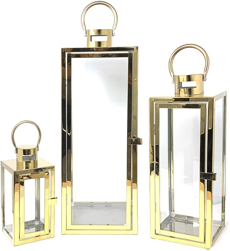 Photo 1 of allgala 3-PC Set Jumbo Luxury Modern Indoor/Outdoor Hurricane Candle Lantern Set with Chrome Plated Structure and Tempered Glass-Cuboid Silver-HD88012
