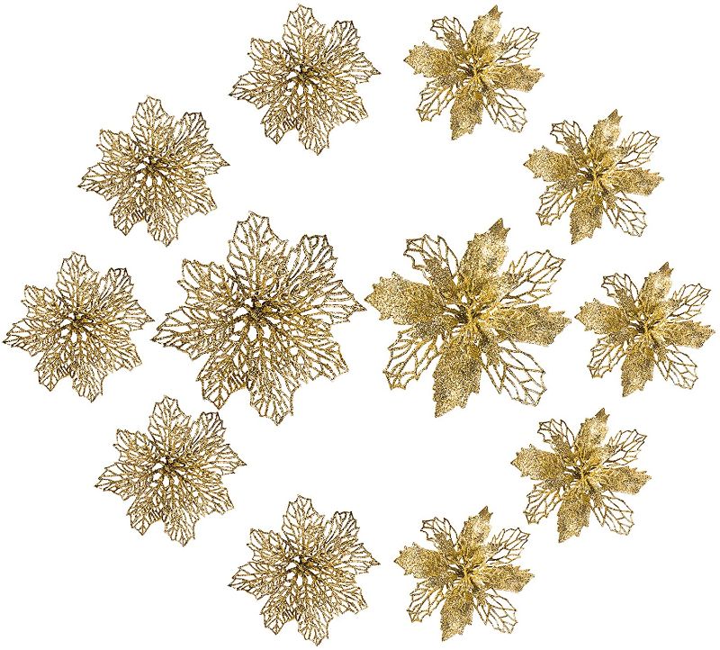 Photo 1 of 12 Pack Christmas Glitter Poinsettia Flowers 2 Styles of Artificial Flower for Christmas Tree Decoration 5.5-inch Glitter Poinsettia Flowers (Champaign Gold)
2 PACK 
