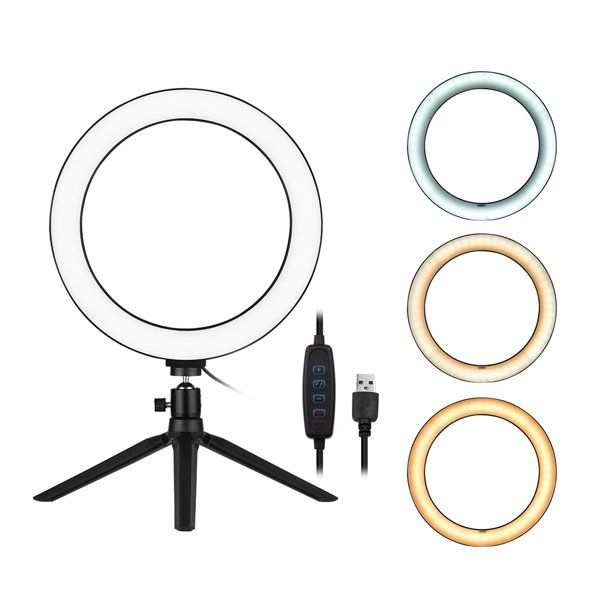 Photo 1 of 10 Inch LED Ring Light with Tripod Stand 3200K-5500K Dimmable Table Camera Light Lamp 3 Light Modes & 10 Brightness Level for YouTube Video Photo Studio Live Stream Portrait Makeup Photography
