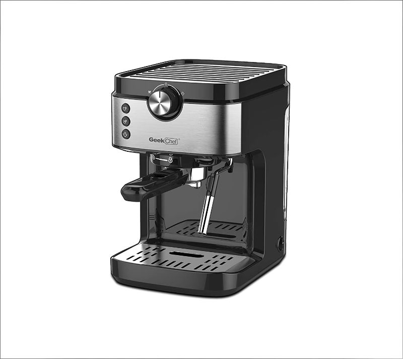 Photo 1 of Geek chef Steam Espresso Machine, Latte and Cappuccino maker with Milk Frother, 20 Bar Italian Pump, Automatic setting of coffee volume,Cup warming, Over pressure protection function,900ml water tank, Black & Stainless, 1700W