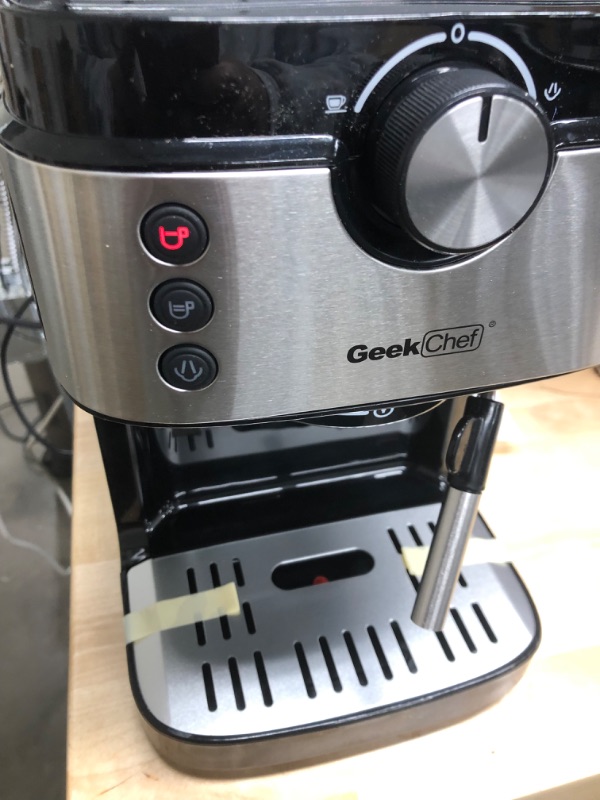 Photo 4 of Geek chef Steam Espresso Machine, Latte and Cappuccino maker with Milk Frother, 20 Bar Italian Pump, Automatic setting of coffee volume,Cup warming, Over pressure protection function,900ml water tank, Black & Stainless, 1700W