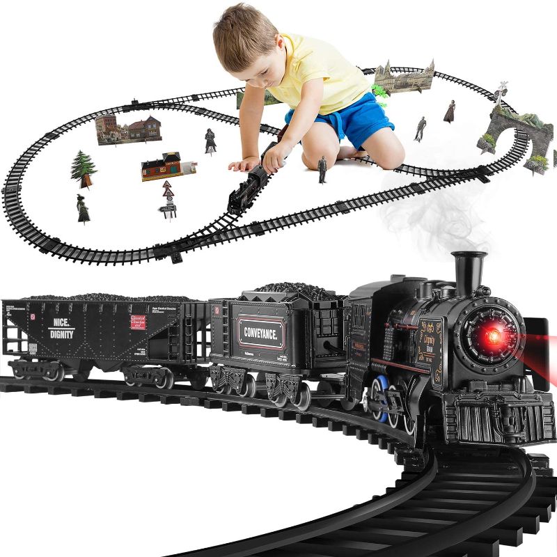 Photo 1 of Baby Home Kids Train Set ?Electric Metal Alloy Train Toy for Boys Girls w/ Smokes, Lights & Sound, w/ Steam Locomotive Engine, Cargo Cars & Tracks