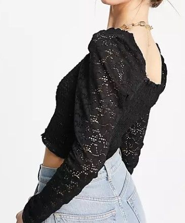 Photo 1 of  long sleeve lace crop top with shirring in black SMALL