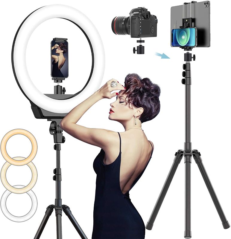 Photo 1 of AFI 16" Selfie Ring Light with 3 Color Modes 79" Extendable Tripod Stand Phone Camera Holder, 320 Bulbs 6500K 10 Brightness Dimmable LED Carrying Bag