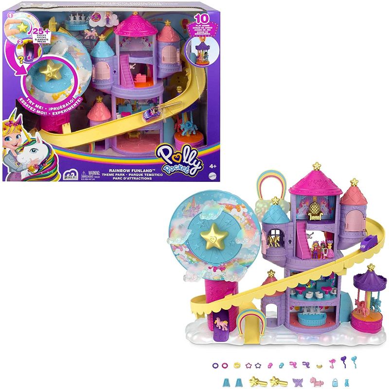 Photo 1 of ?Polly Pocket Rainbow Funland Theme Park, 3 Rides, 7 Play Areas, Polly and Shani Dolls, 2 Unicorns & 25 Surprise Accessories (30 Total Play Pieces), Dispensing Feature for Surprises
