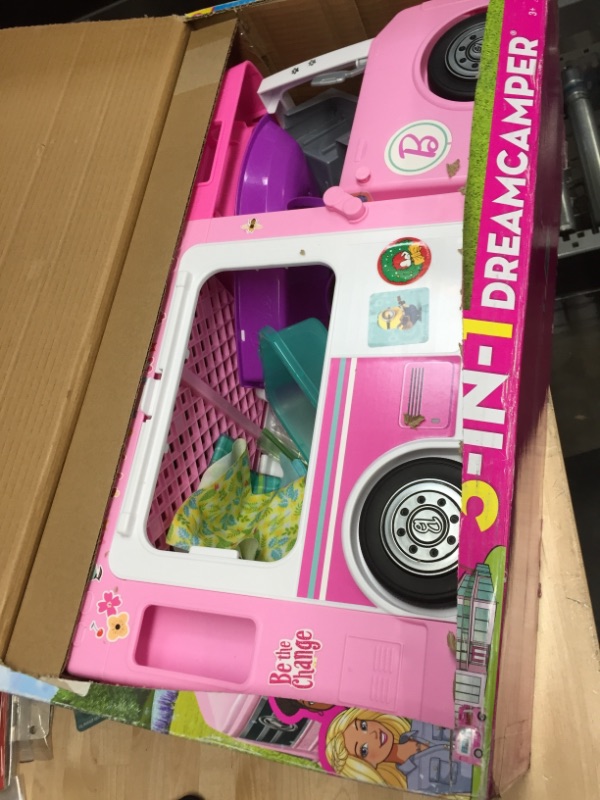 Photo 1 of MISSING ALLOT?Barbie 3-in-1 DreamCamper Vehicle, approx. 3-ft, Transforming Camper with Pool, Truck, Boat and 50 Accessories, Makes a Great Gift for 3 to 7 Year Olds
