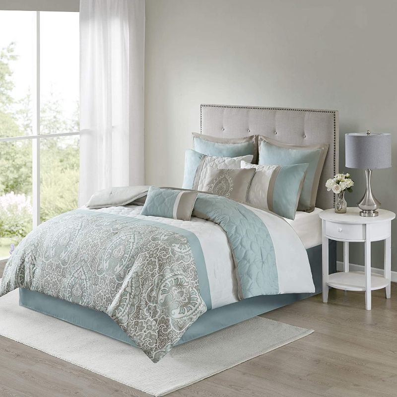 Photo 1 of 510 Design Cozy Comforter Set - Transitional Damask Design, All Season Down Alternative Bedding with Matching Shams, Decorative Pillow, Shawnee-Seafoam Queen(90"x90") 8 Piece
