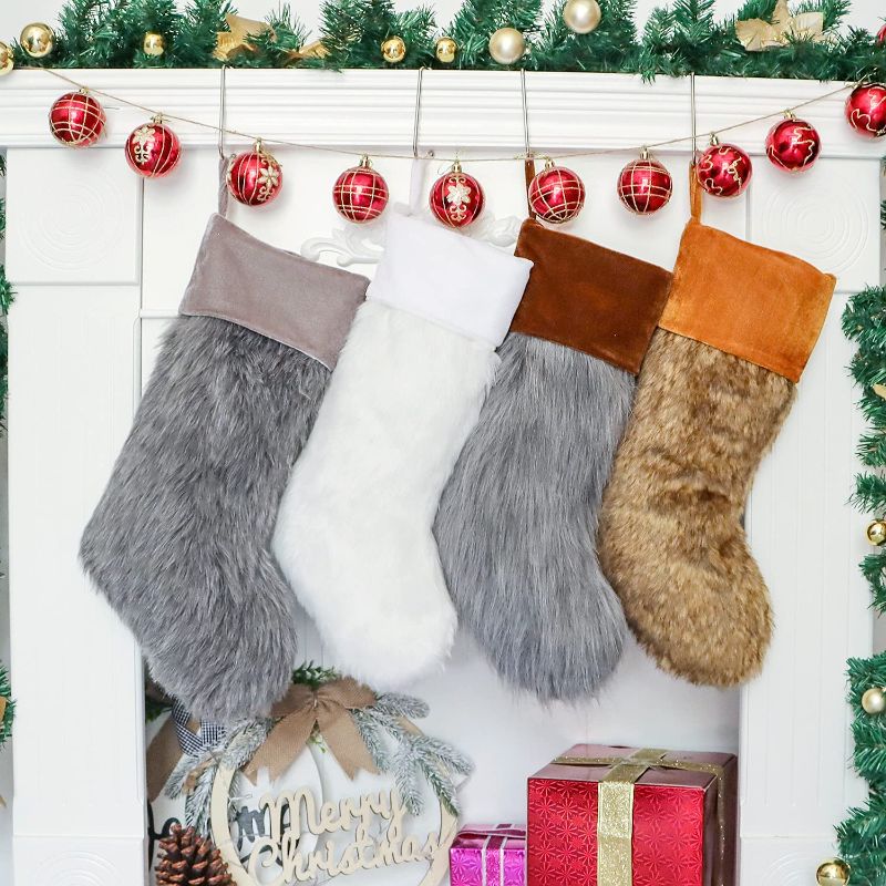 Photo 1 of 2021 Christmas Stockings Set of 4, Large Faux Fur Family Christmas Stocking 4 pack for Farmhouse Décor, luxury Xmas Stockings for Home Decorations Personalized Rustic Ornaments White Gray Red Gold (2 PACK)

