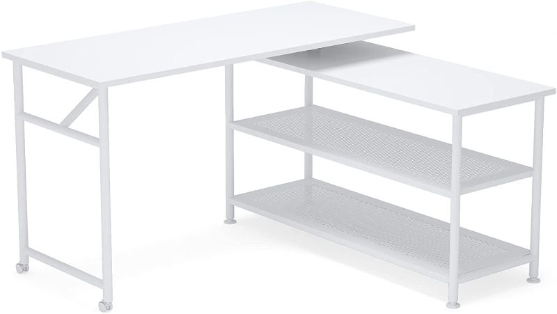 Photo 1 of Tribesigns Modern L-Shaped Desk with Storage Shelves, 360°Rotating Desk Corner Computer Desk Study Writing Table Workstation with Open Shelves for Home Office, High Glossy Finish (White)
