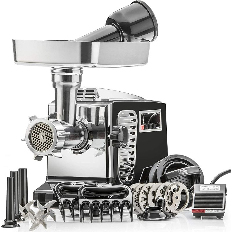 Photo 1 of ***PARTS ONLY*** STX Turboforce II"Platinum" w/Foot Pedal Heavy Duty Electric Meat Grinder & Sausage Stuffer: 6 Grinding Plates, 3 S/S Blades, 3 Sausage Tubes, Kubbe, 2 Meat Claws, Burger-Slider Patty Maker - Black
