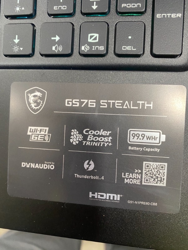 Photo 4 of MSI GS76 Stealth 17.3" 4K Display Gaming Laptop: Intel Core i9-11900H, NVIDIA GeForce RTX 3080, 64GB, 2TB SSD, Wi-Fi 6, Thunderbolt 4, Win 10: Black 11UH-078
