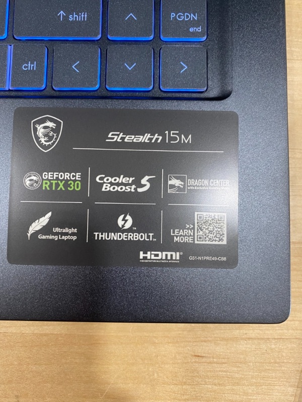 Photo 3 of MSI Stealth 15M: 15.6" FHD 144Hz Thin Bezel Gaming Laptop Intel Core i7-11375H RTX3060 16GB 512GB NVMe SSD Win10.
