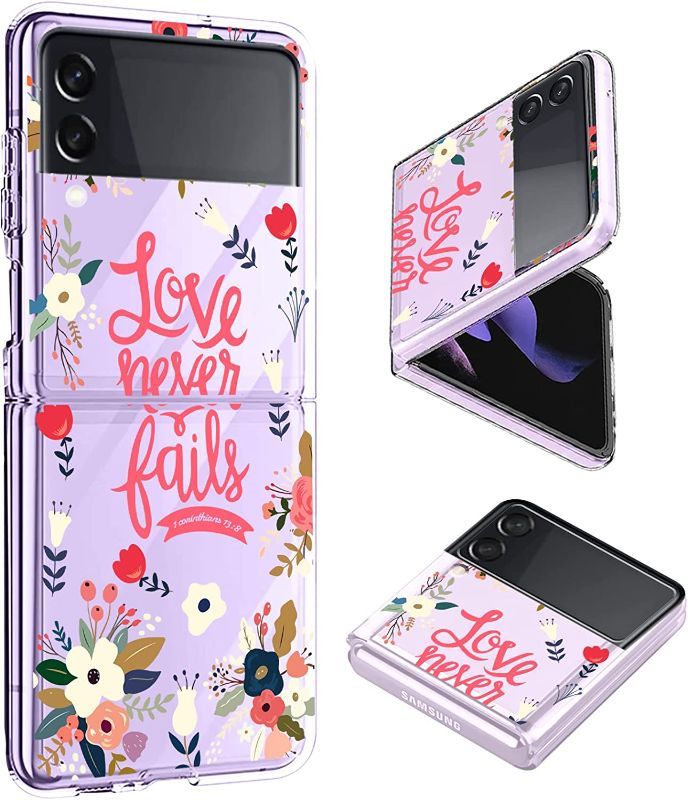 Photo 1 of ** SETS OF 2 ** AIGOMARA CLEAR CASE FOR SAMSUNG GALAXY Z FLIP 3 5G CASE (2021) FLORAL PRINT DESIGN SLIM HARD PC SHOOKPROOF PROTECTION FOLDING ANTI-DROP TRANSPARENT COVER FOR GALAXY Z FLIP 3 5G
