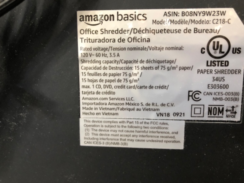 Photo 4 of Amazon Basics 15-Sheet Heavy Duty Cross-Cut Paper and Credit Card Home Office Shredder, Quiet Working with 6-Gallon Bin, Black
