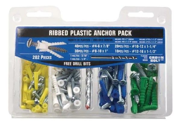 Photo 1 of 202-Piece #4-#16 x 7/8 in. x 1-1/2 in. Plastic Ribbed Anchor Pack with Screw
2 ct